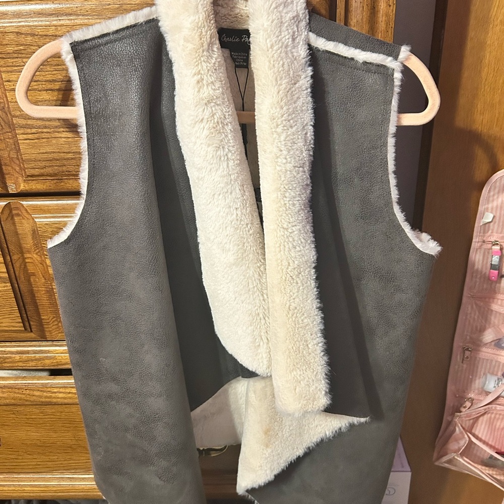 Gray and Cream Shearling Vest